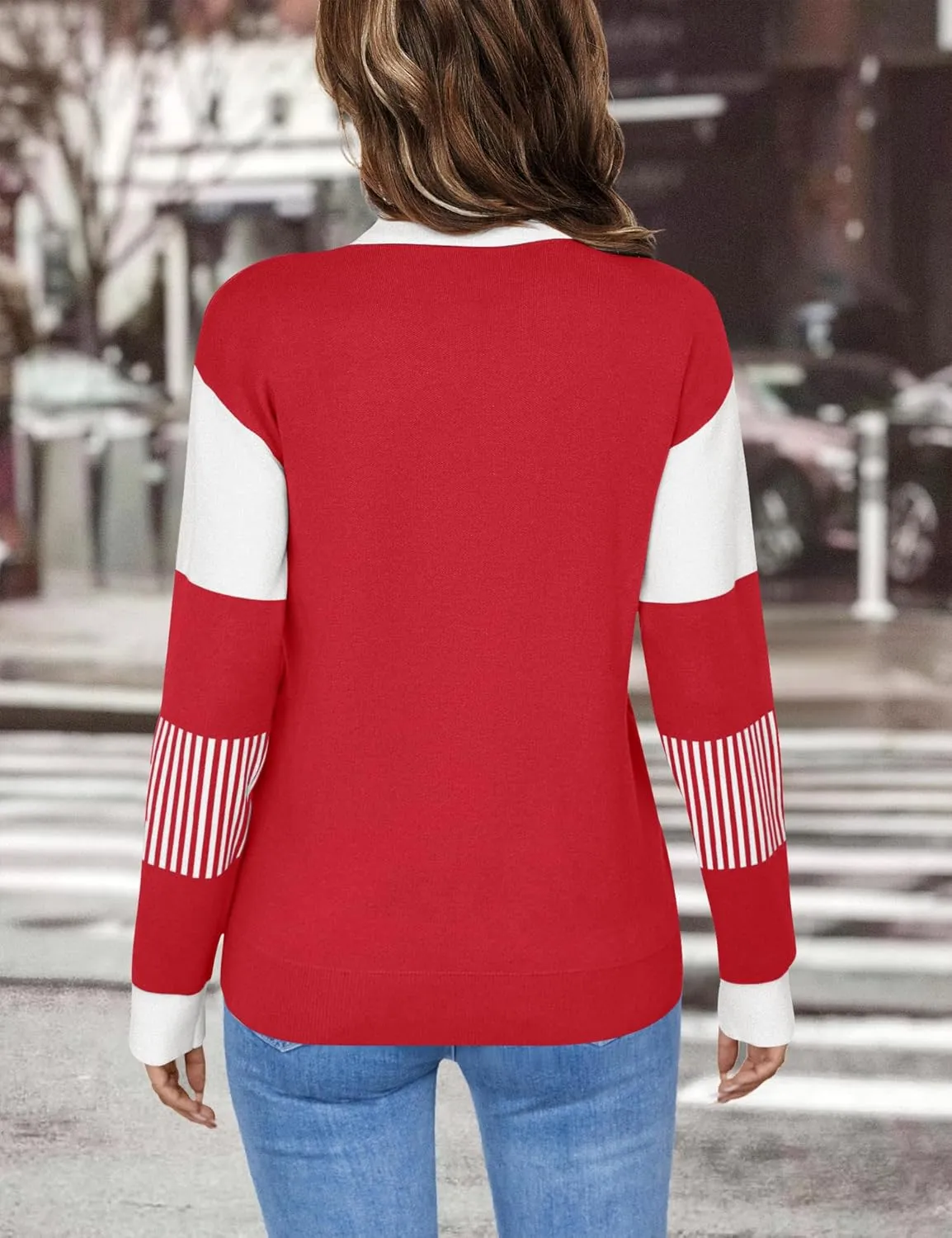 LOMON V Neck Long Sleeve Loose Sweaters Color Block Striped Knitted Pullover Jumper Tops