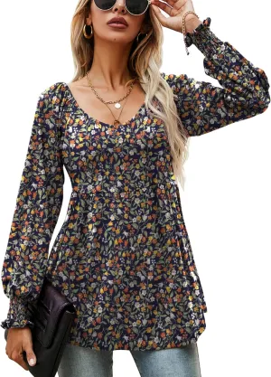 LOMON Womens Casual Fall Puff Long Sleeve Tunic Tops V Neck Flowy Babydoll Peplum Top Blouse T-Shirt 2024 Fashion S-3XL