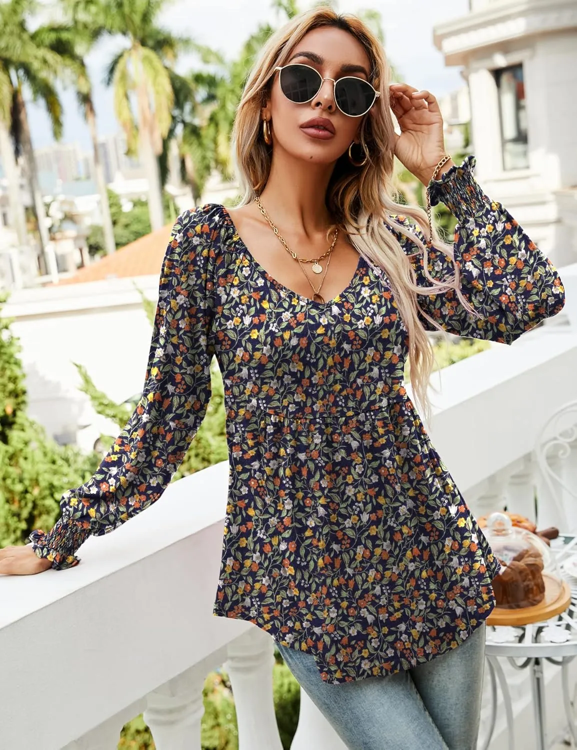 LOMON Womens Casual Fall Puff Long Sleeve Tunic Tops V Neck Flowy Babydoll Peplum Top Blouse T-Shirt 2024 Fashion S-3XL