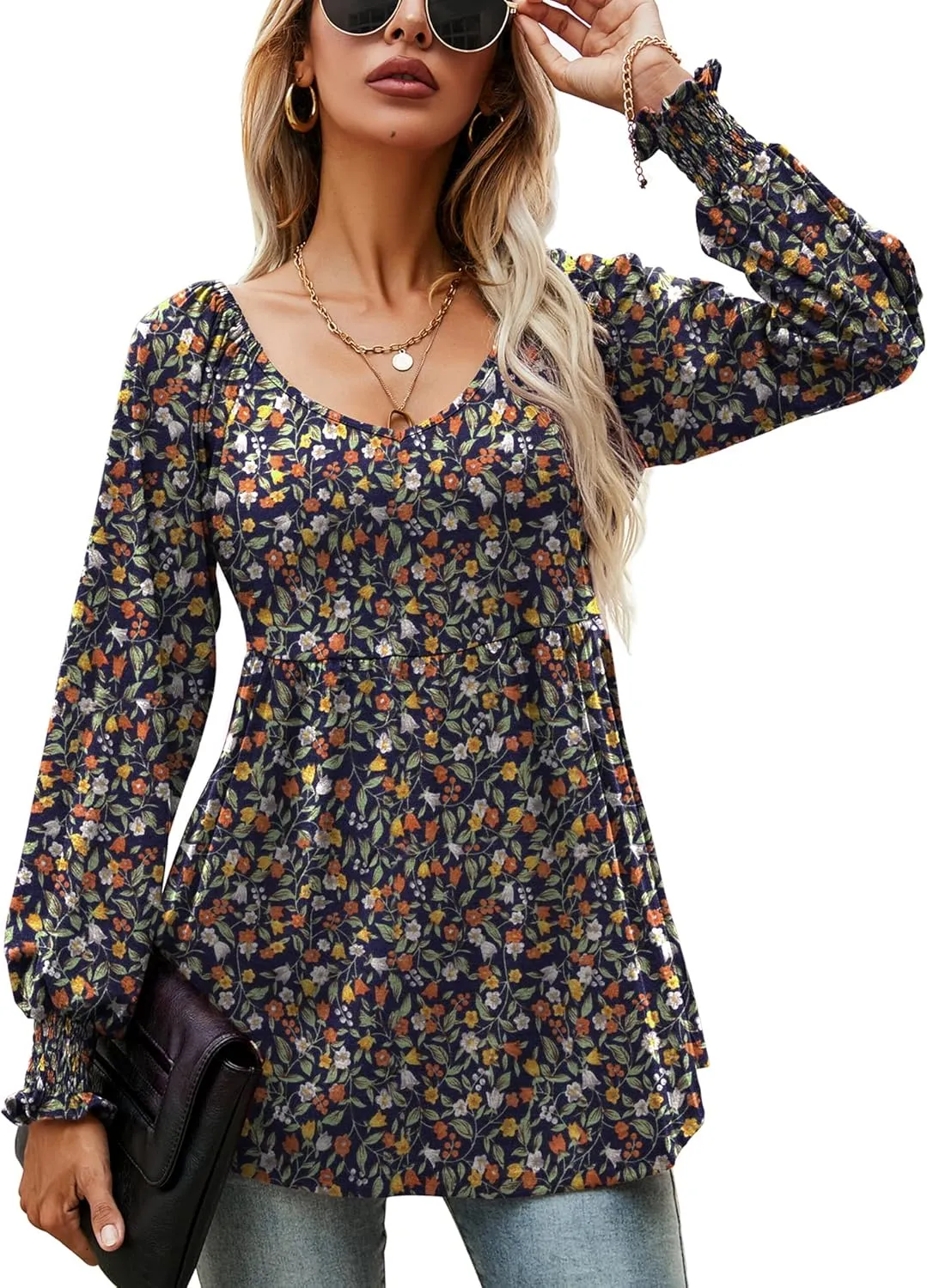 LOMON Womens Casual Fall Puff Long Sleeve Tunic Tops V Neck Flowy Babydoll Peplum Top Blouse T-Shirt 2024 Fashion S-3XL