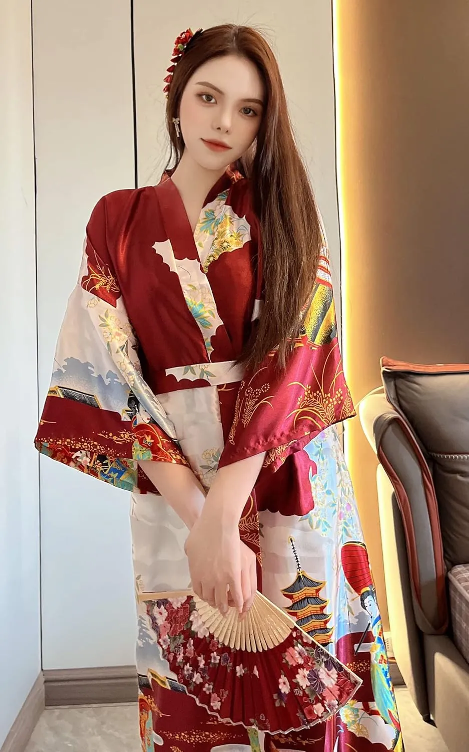 Long Kimono Satin Printed Lightweight Cardigan Jacket Coat Yukata Cloak Bathrobe Tops fans Tabi socks set