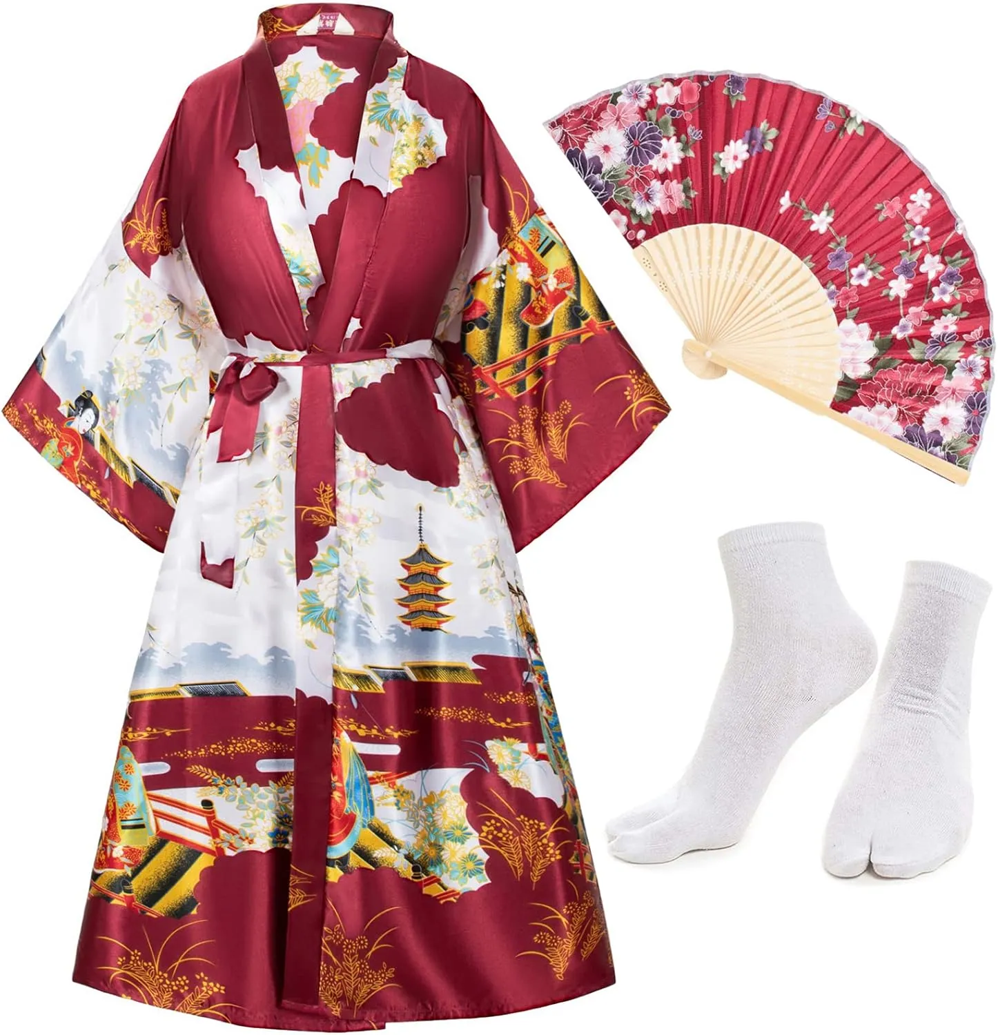 Long Kimono Satin Printed Lightweight Cardigan Jacket Coat Yukata Cloak Bathrobe Tops fans Tabi socks set