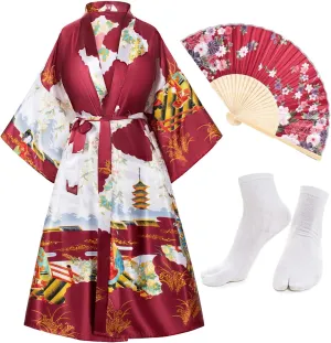 Long Kimono Satin Printed Lightweight Cardigan Jacket Coat Yukata Cloak Bathrobe Tops fans Tabi socks set