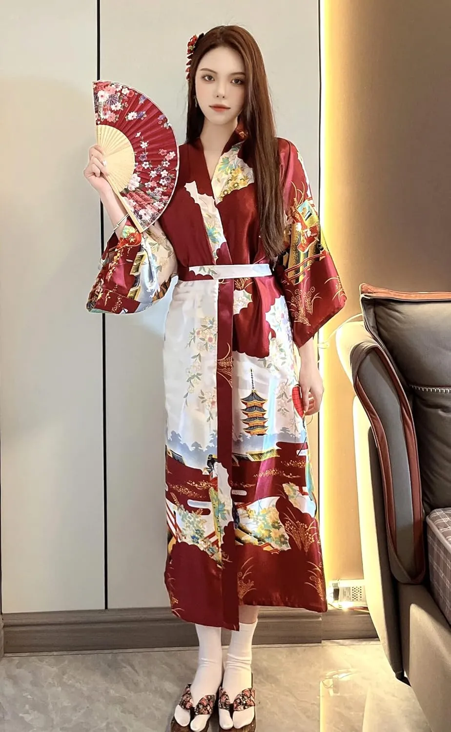Long Kimono Satin Printed Lightweight Cardigan Jacket Coat Yukata Cloak Bathrobe Tops fans Tabi socks set
