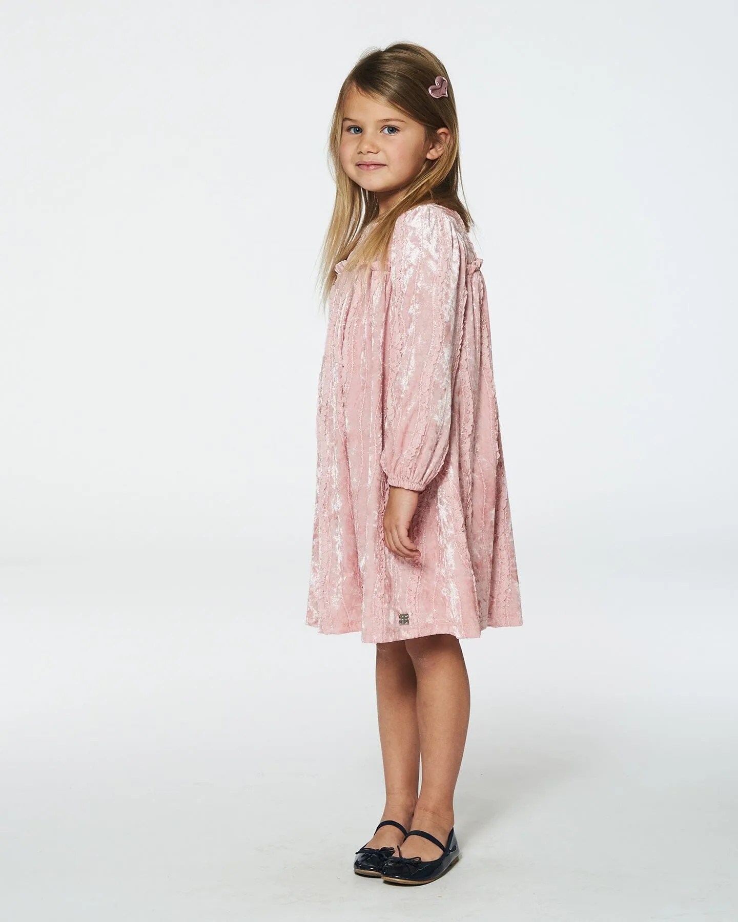 Long Sleeve Velvet Dress With Frills Light Pink