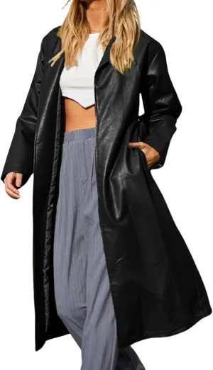 loveimgs Women's Button Down Lapel PU Leather Trench Coat Trendy Full Length Long Sleeve Faux Leather Jacket