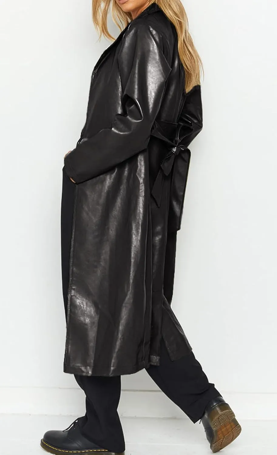 loveimgs Women's Button Down Lapel PU Leather Trench Coat Trendy Full Length Long Sleeve Faux Leather Jacket
