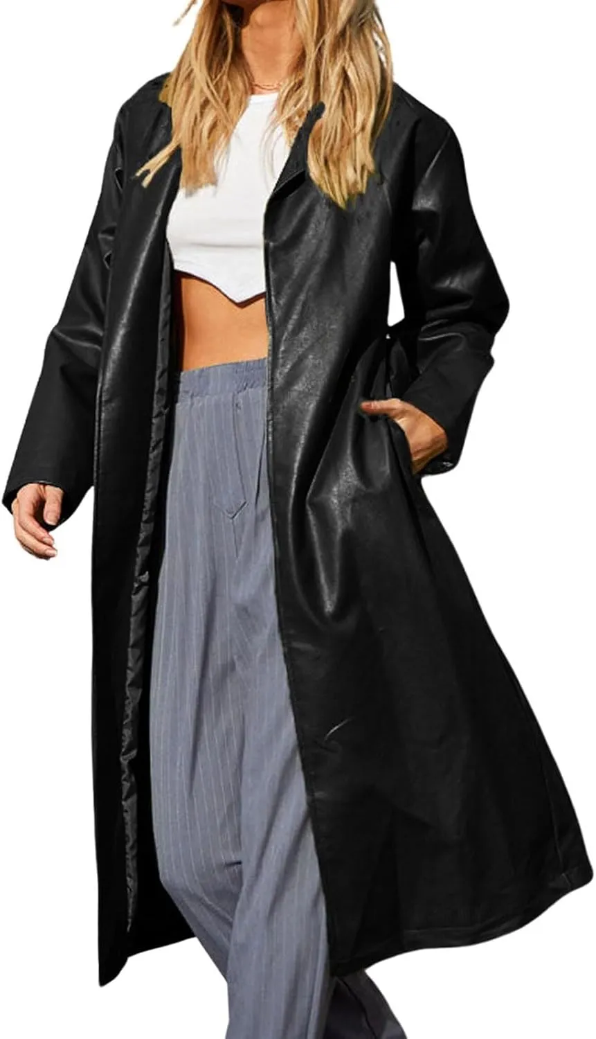 loveimgs Women's Button Down Lapel PU Leather Trench Coat Trendy Full Length Long Sleeve Faux Leather Jacket