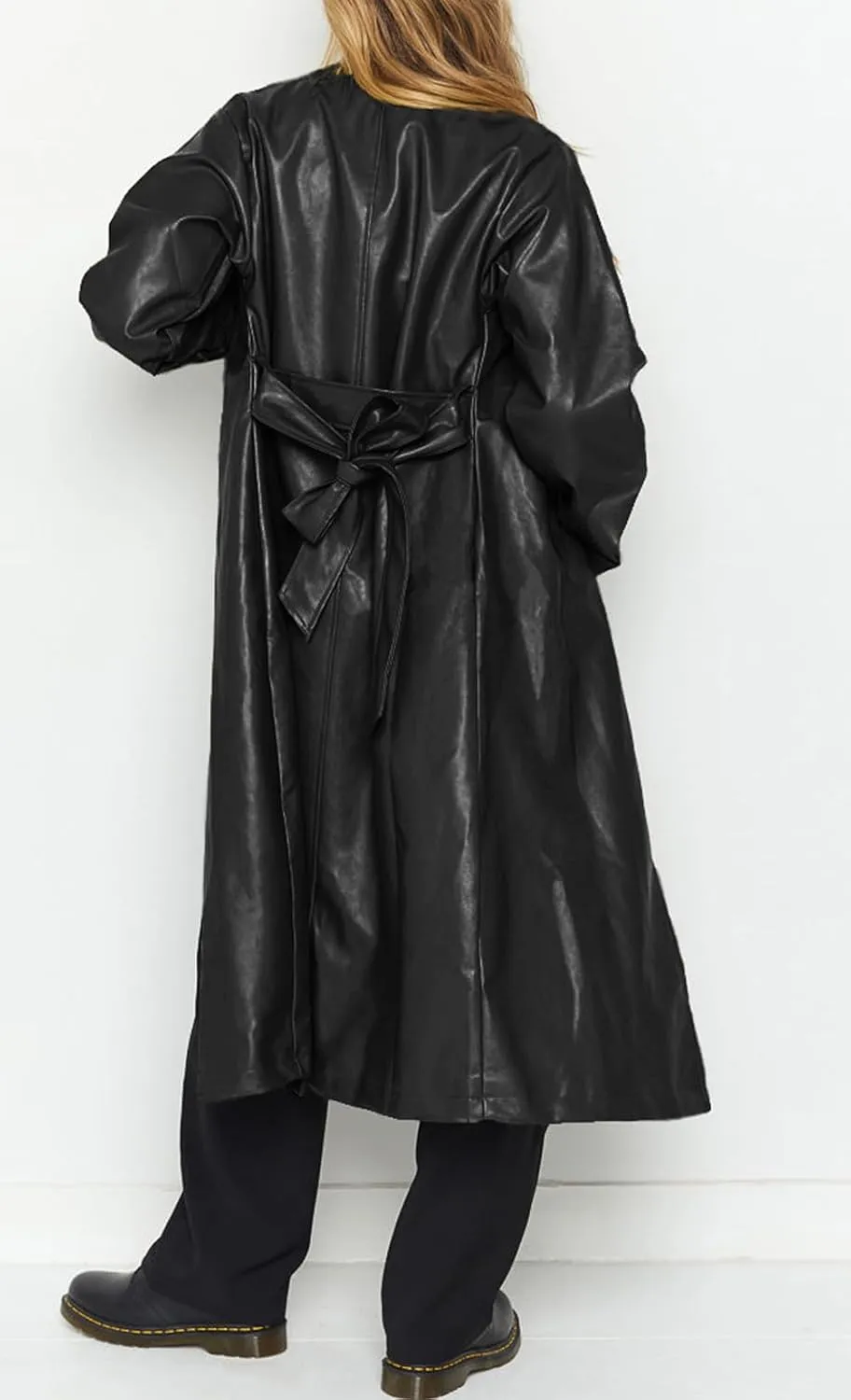 loveimgs Women's Button Down Lapel PU Leather Trench Coat Trendy Full Length Long Sleeve Faux Leather Jacket