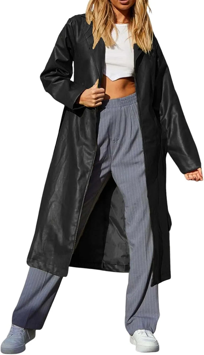 loveimgs Women's Button Down Lapel PU Leather Trench Coat Trendy Full Length Long Sleeve Faux Leather Jacket