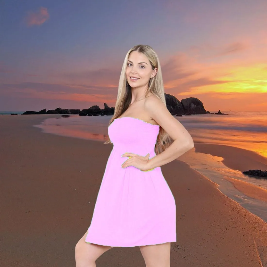 Loxdonz Women's Sun Strapless Tube Short Dress Summer Dresses Casual Mini Beach Cover Up