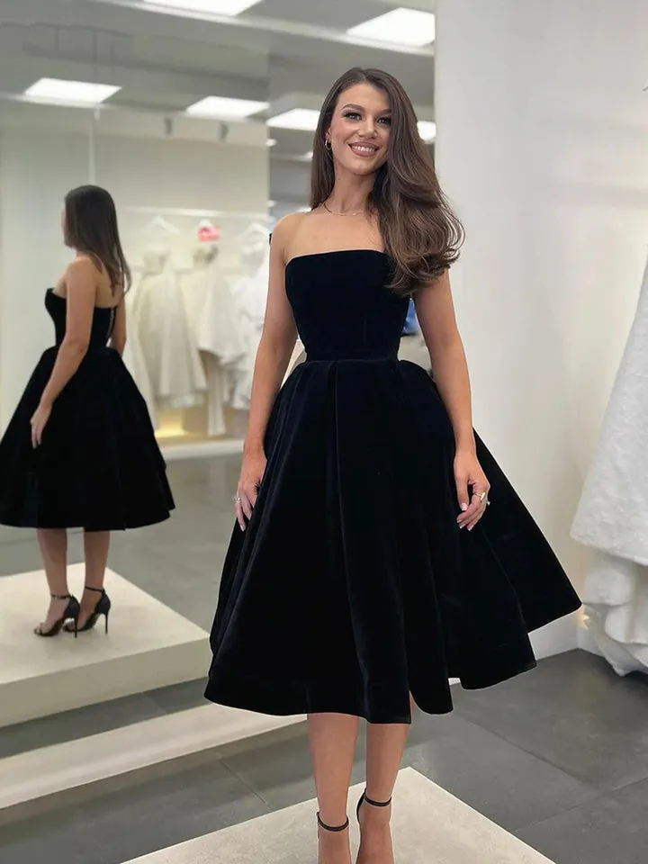 Luolandi Black Strapless Velvet Short Prom Dress A-Line Evening Party Dress Homecoming Dresses