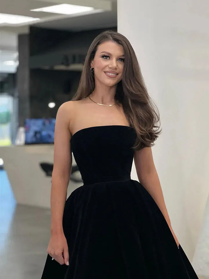 Luolandi Black Strapless Velvet Short Prom Dress A-Line Evening Party Dress Homecoming Dresses