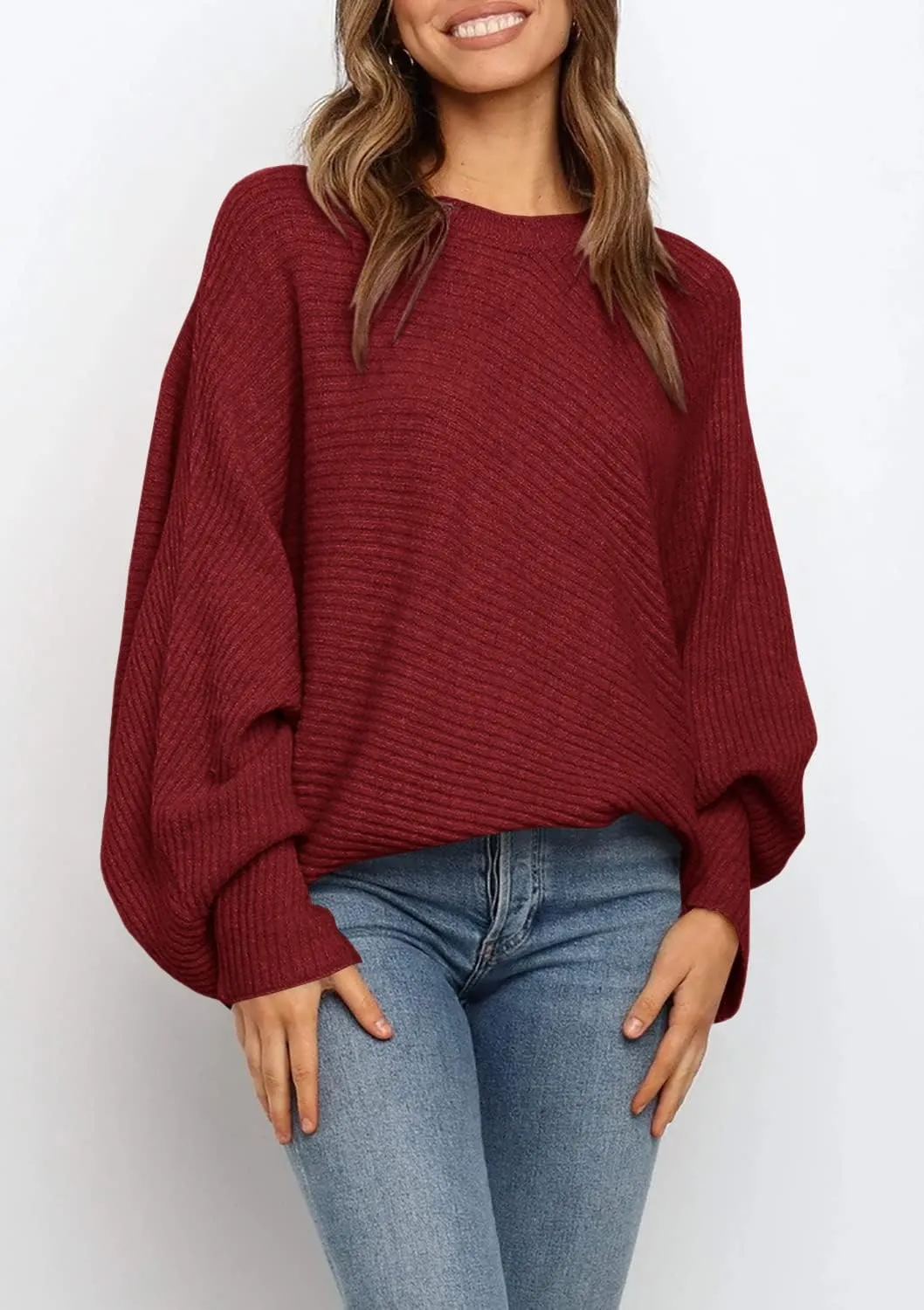 Mafulus Women's Oversized Crewneck Sweater Batwing Puff Long Sleeve Cable Slouchy Pullover Jumper Tops