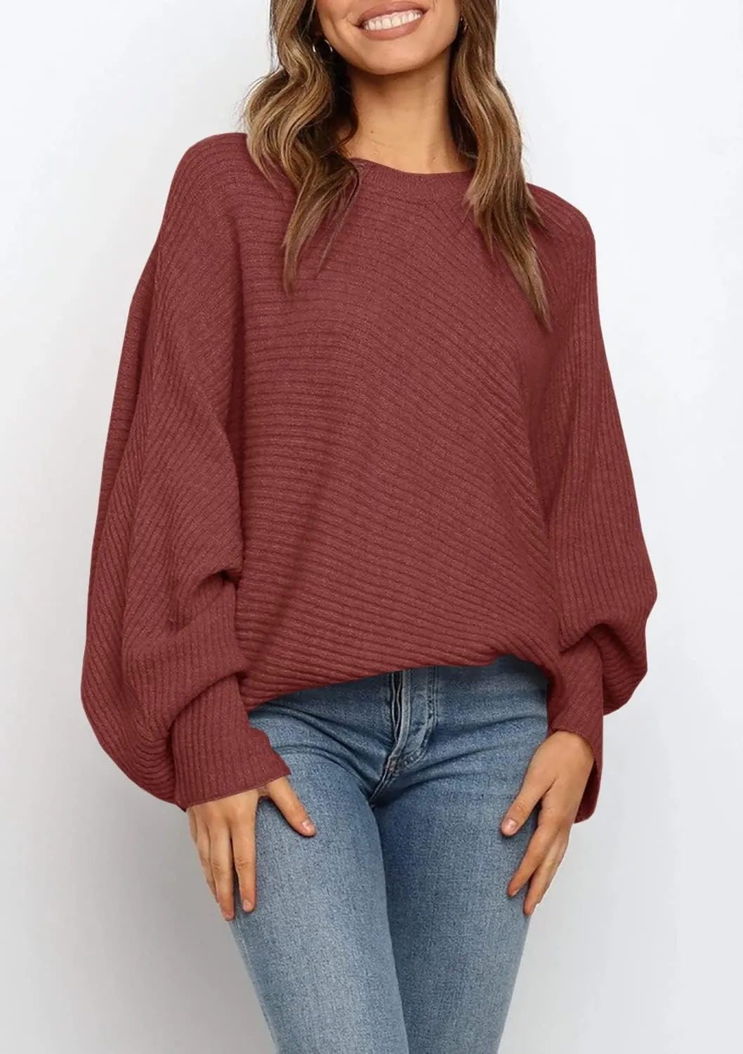 Mafulus Women's Oversized Crewneck Sweater Batwing Puff Long Sleeve Cable Slouchy Pullover Jumper Tops
