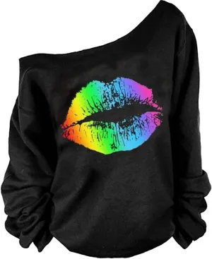 MAGICMK Womans Sweatershirt Lips Print Causal Blouse Off The Shoulder Long Sleeve Loose Slouchy Pullover Plus Size Tops