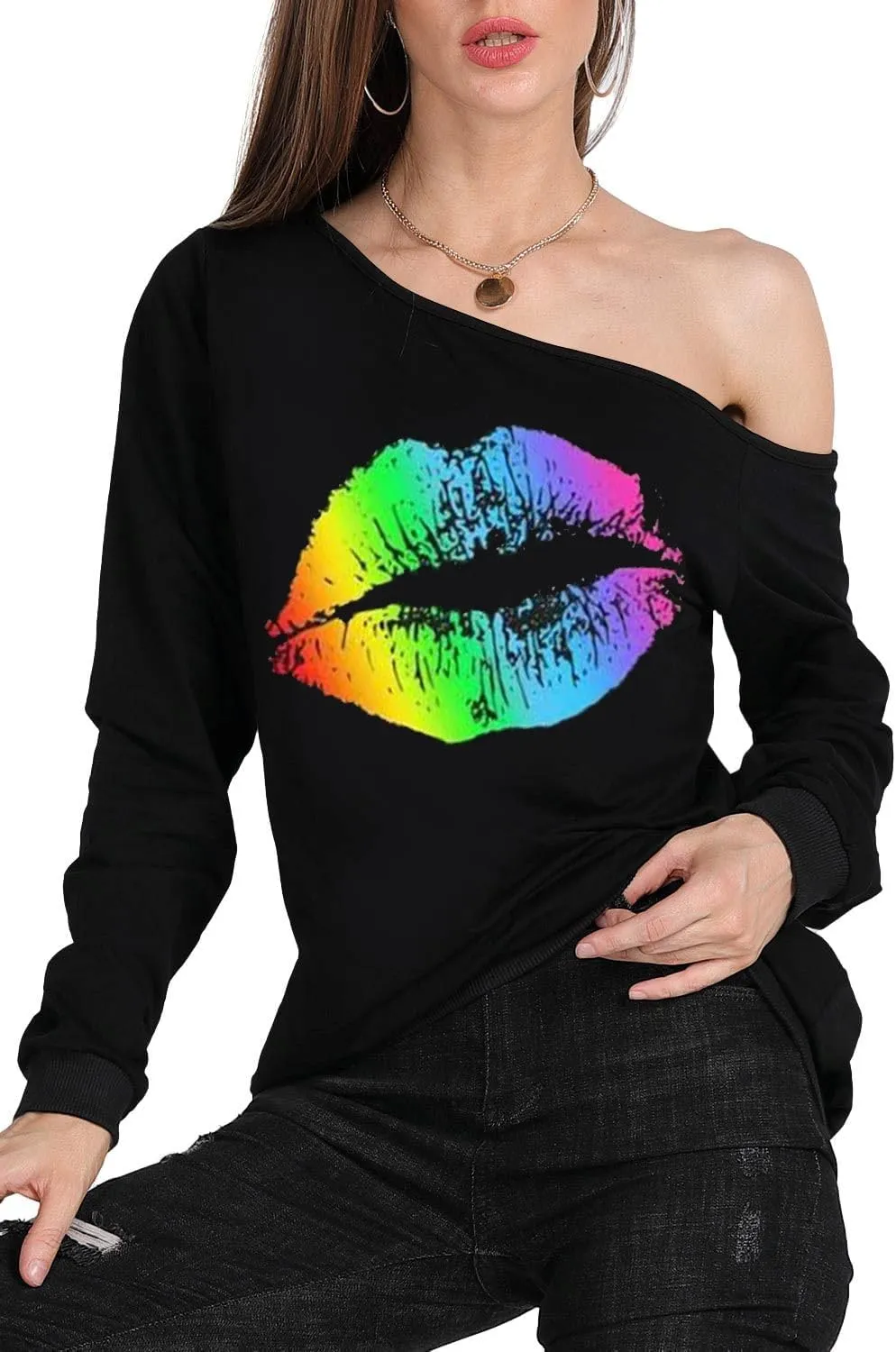 MAGICMK Womans Sweatershirt Lips Print Causal Blouse Off The Shoulder Long Sleeve Loose Slouchy Pullover Plus Size Tops