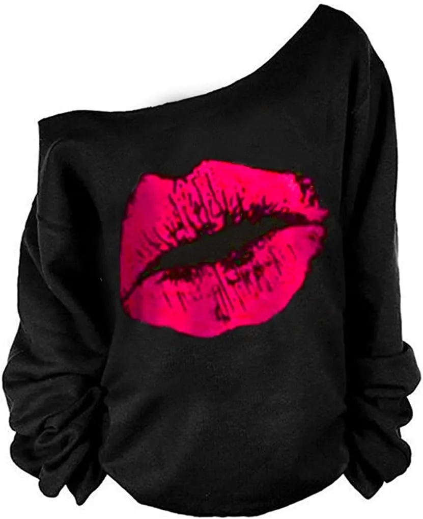MAGICMK Womans Sweatershirt Lips Print Causal Blouse Off The Shoulder Long Sleeve Loose Slouchy Pullover Plus Size Tops