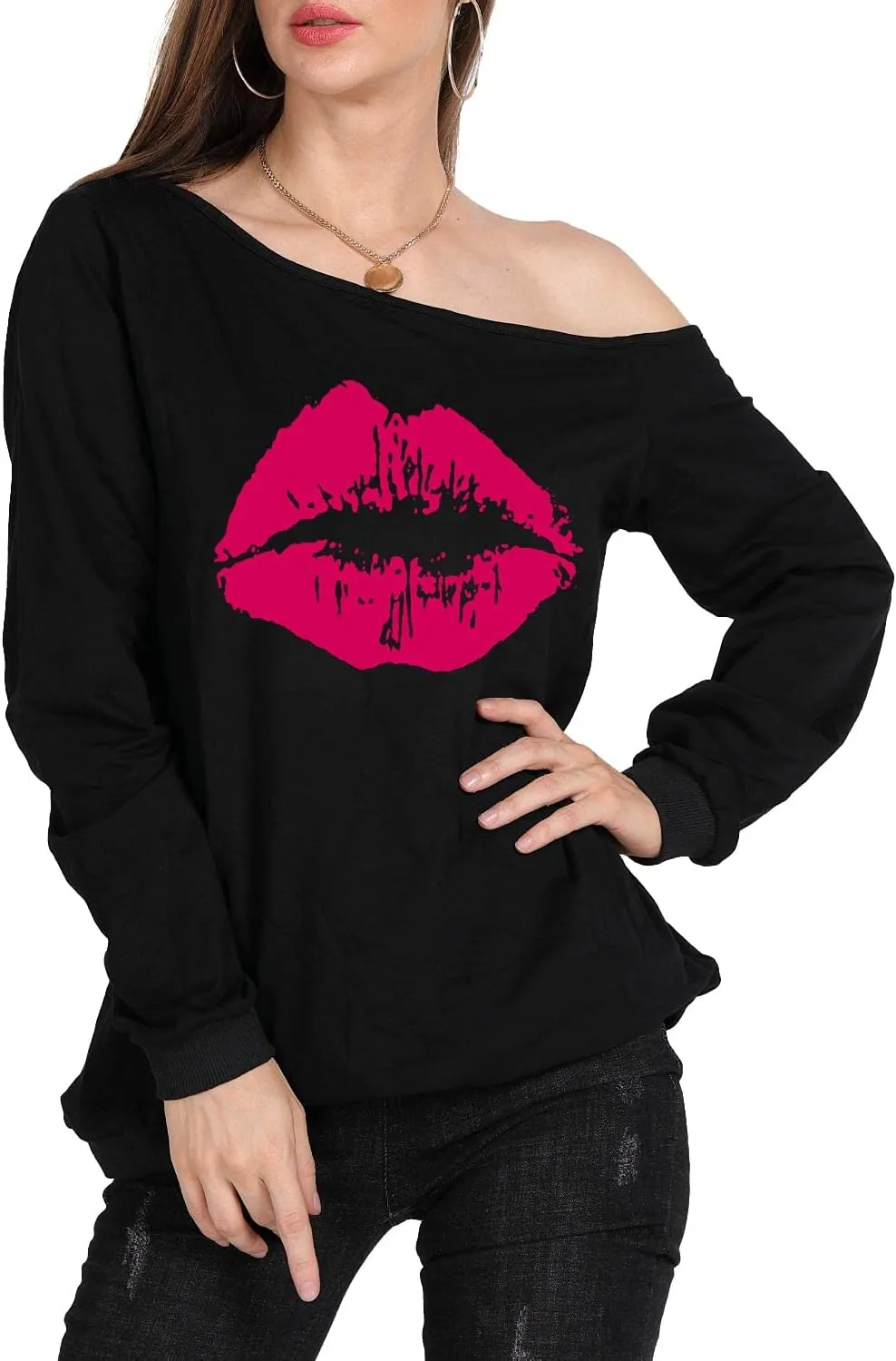 MAGICMK Womans Sweatershirt Lips Print Causal Blouse Off The Shoulder Long Sleeve Loose Slouchy Pullover Plus Size Tops