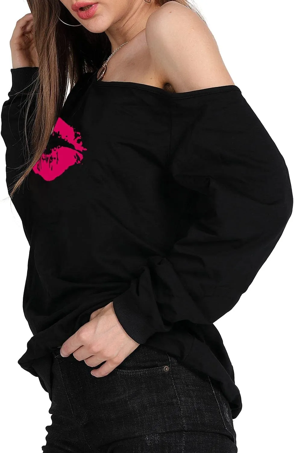 MAGICMK Womans Sweatershirt Lips Print Causal Blouse Off The Shoulder Long Sleeve Loose Slouchy Pullover Plus Size Tops