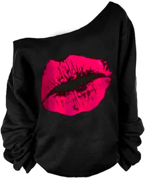MAGICMK Womans Sweatershirt Lips Print Causal Blouse Off The Shoulder Long Sleeve Loose Slouchy Pullover Plus Size Tops