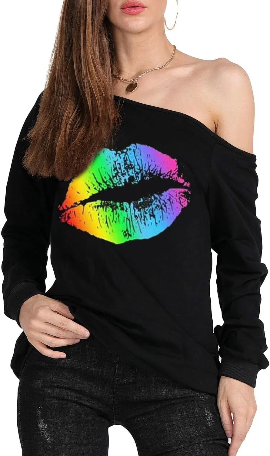 MAGICMK Womans Sweatershirt Lips Print Causal Blouse Off The Shoulder Long Sleeve Loose Slouchy Pullover Plus Size Tops