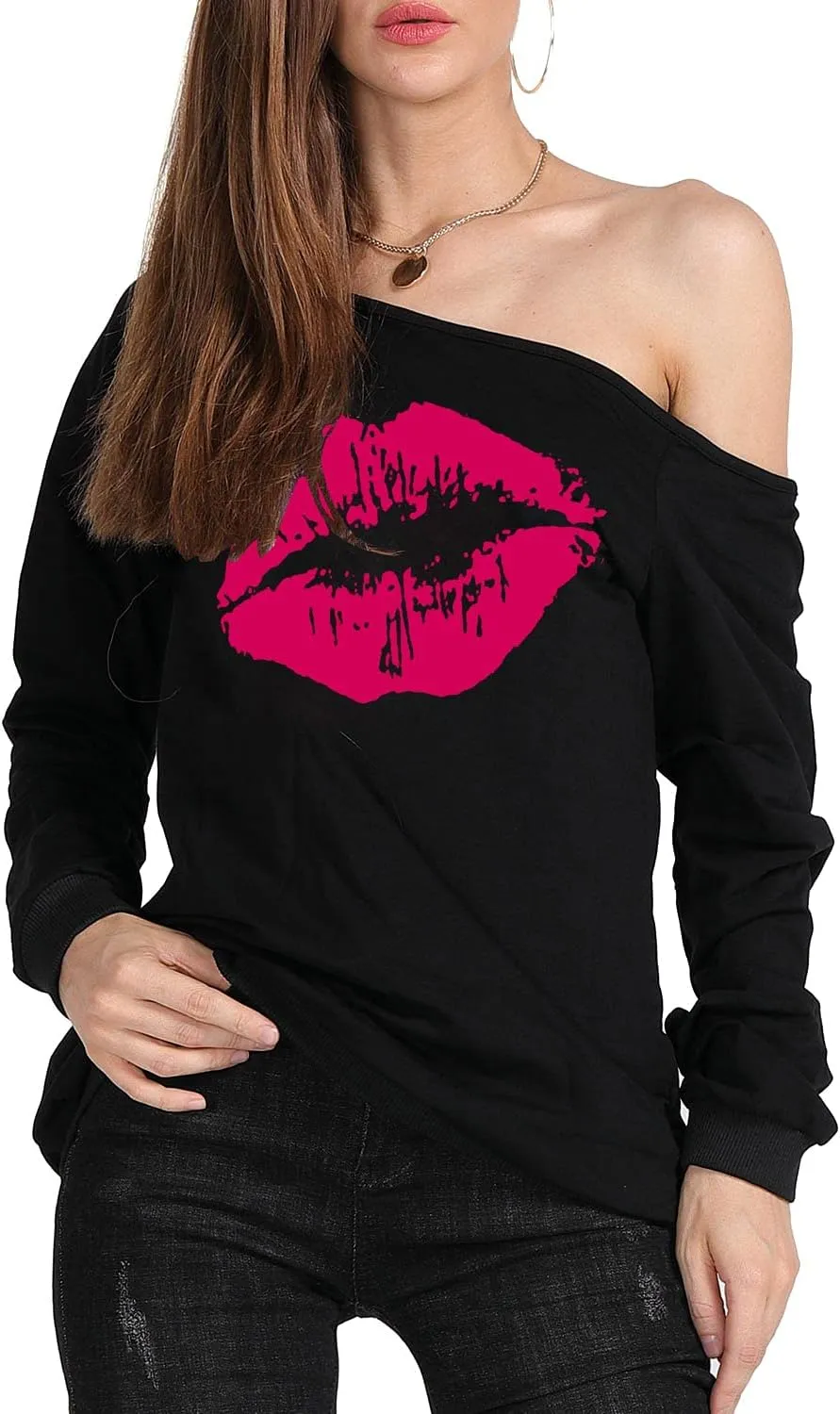 MAGICMK Womans Sweatershirt Lips Print Causal Blouse Off The Shoulder Long Sleeve Loose Slouchy Pullover Plus Size Tops