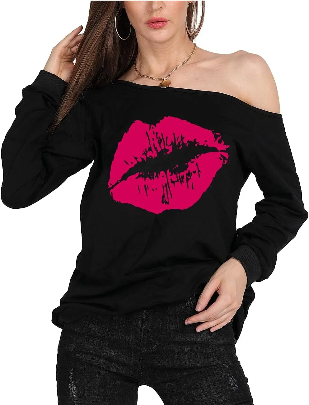 MAGICMK Womans Sweatershirt Lips Print Causal Blouse Off The Shoulder Long Sleeve Loose Slouchy Pullover Plus Size Tops
