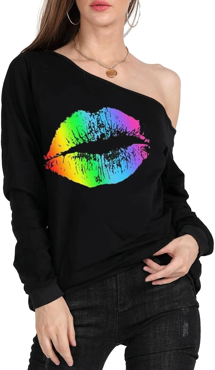 MAGICMK Womans Sweatershirt Lips Print Causal Blouse Off The Shoulder Long Sleeve Loose Slouchy Pullover Plus Size Tops