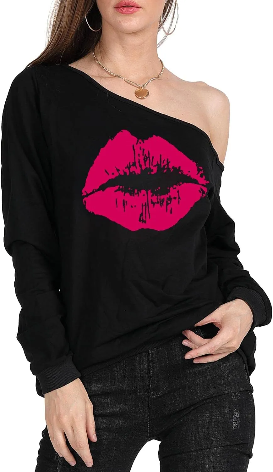 MAGICMK Womans Sweatershirt Lips Print Causal Blouse Off The Shoulder Long Sleeve Loose Slouchy Pullover Plus Size Tops