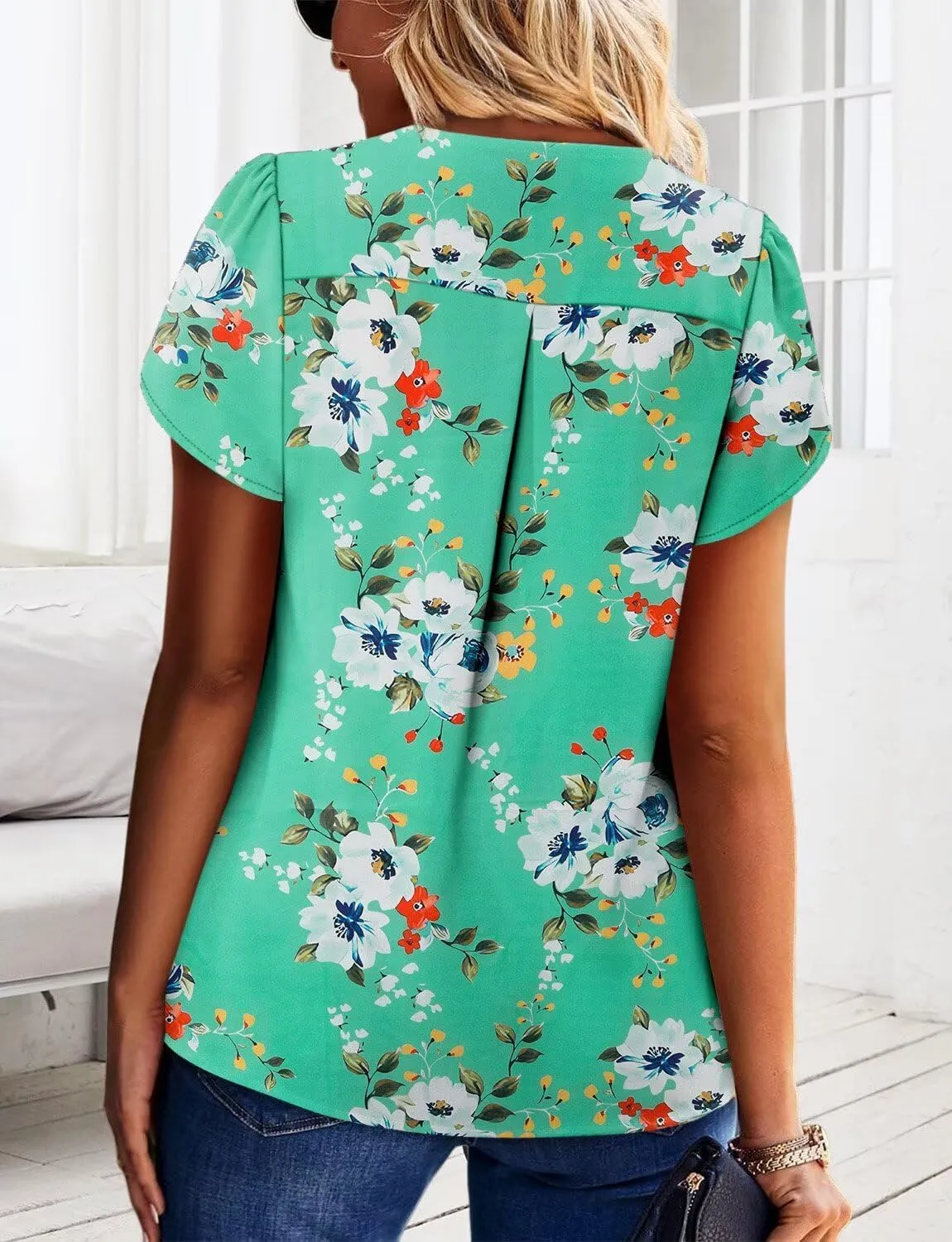 Magritta Womens Tops Dressy Casual Short Sleeve Pleated Tshirt 2025 Summer Loose Fitting Blouse Fashion V Neck Business Shirt