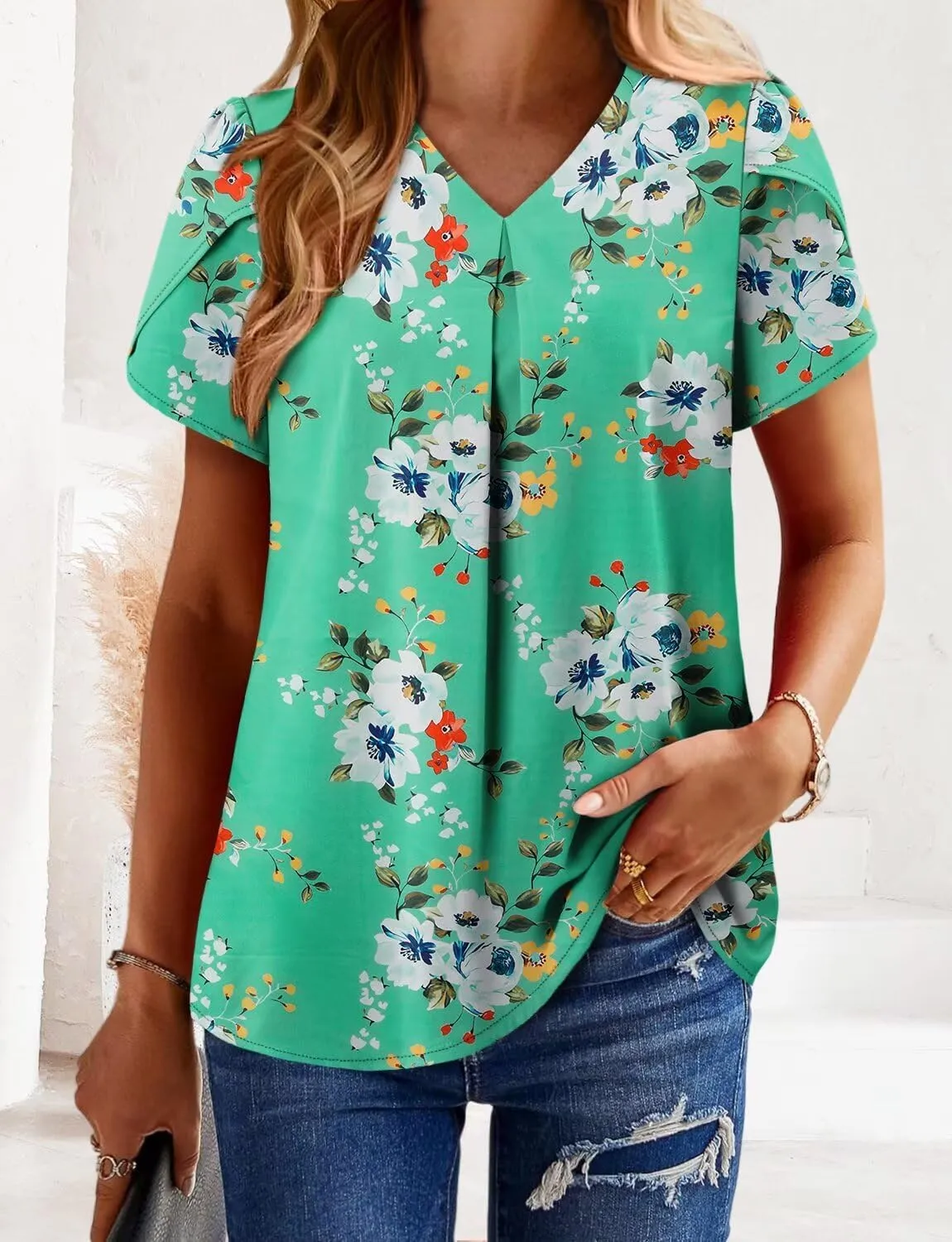 Magritta Womens Tops Dressy Casual Short Sleeve Pleated Tshirt 2025 Summer Loose Fitting Blouse Fashion V Neck Business Shirt
