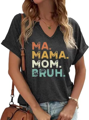 Mama V Neck Shirt Women Funny Mom Life T-Shirt Mother's Day Short Sleeve Graphic Tees Mama Gift Casual Tops Blouse