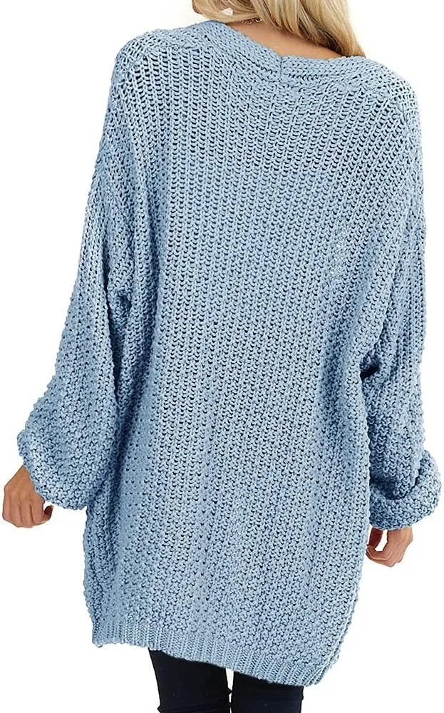 Maroway Womens Cardigan Solid Color Long Sleeve Open Front Chunky Knit Sweater Outwear