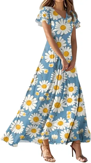 Maxi Dresses for Women 2025 V Neck Short Sleeve Dress Empire Waist Boho Summer Sundress