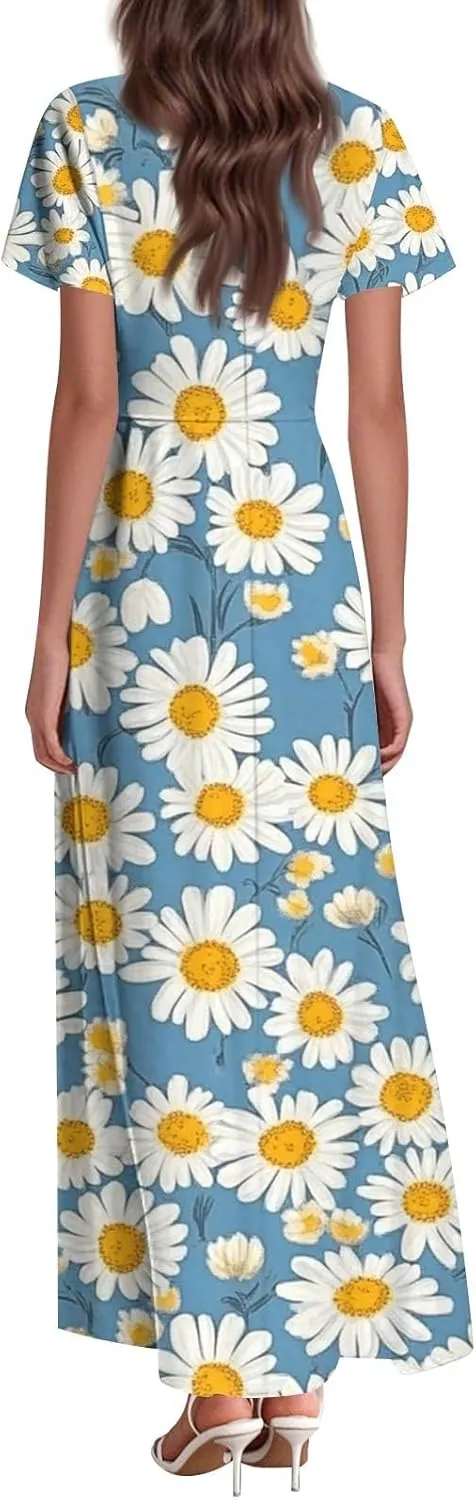 Maxi Dresses for Women 2025 V Neck Short Sleeve Dress Empire Waist Boho Summer Sundress