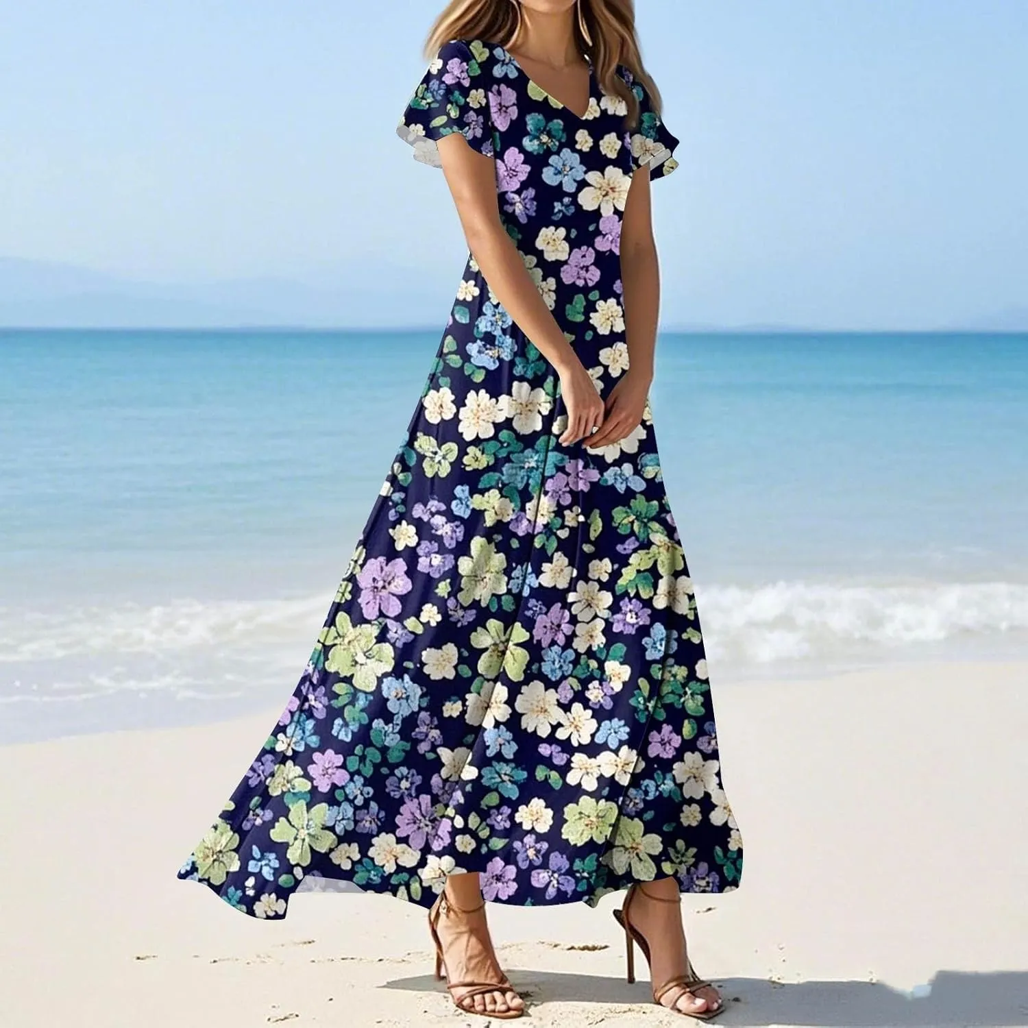 Maxi Dresses for Women 2025 V Neck Short Sleeve Dress Empire Waist Boho Summer Sundress
