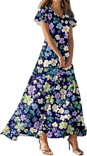 Maxi Dresses for Women 2025 V Neck Short Sleeve Dress Empire Waist Boho Summer Sundress