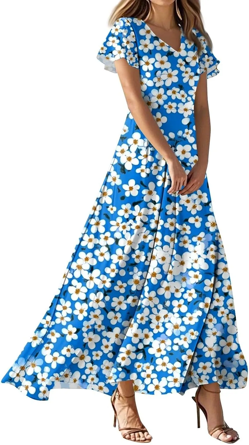 Maxi Dresses for Women 2025 V Neck Short Sleeve Dress Empire Waist Boho Summer Sundress