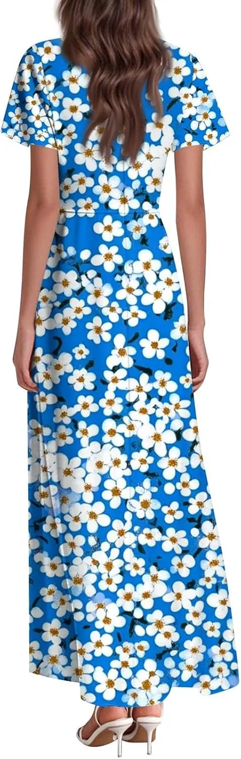 Maxi Dresses for Women 2025 V Neck Short Sleeve Dress Empire Waist Boho Summer Sundress