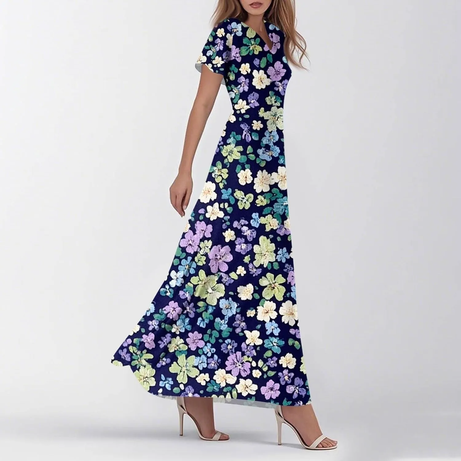 Maxi Dresses for Women 2025 V Neck Short Sleeve Dress Empire Waist Boho Summer Sundress