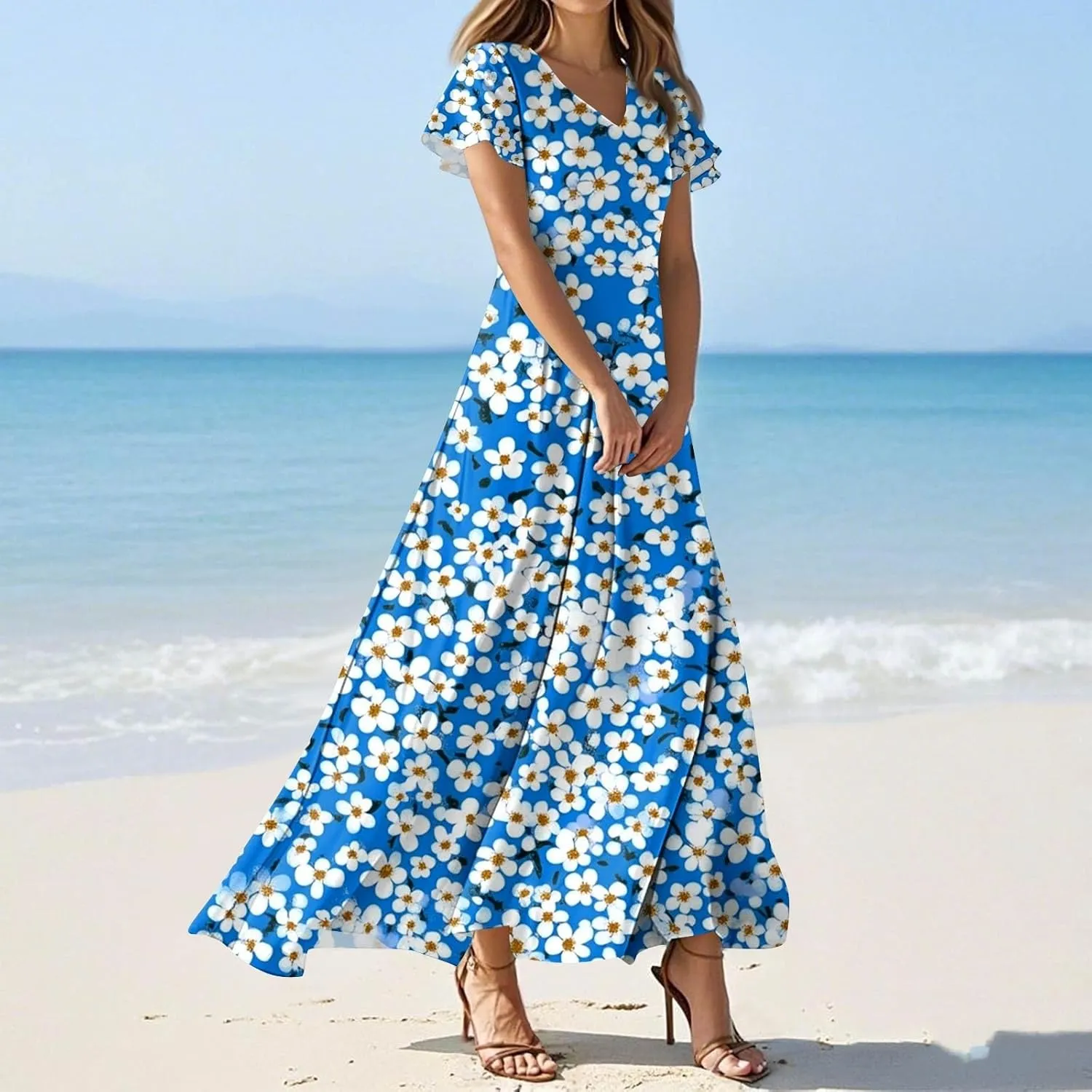 Maxi Dresses for Women 2025 V Neck Short Sleeve Dress Empire Waist Boho Summer Sundress