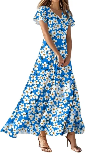 Maxi Dresses for Women 2025 V Neck Short Sleeve Dress Empire Waist Boho Summer Sundress
