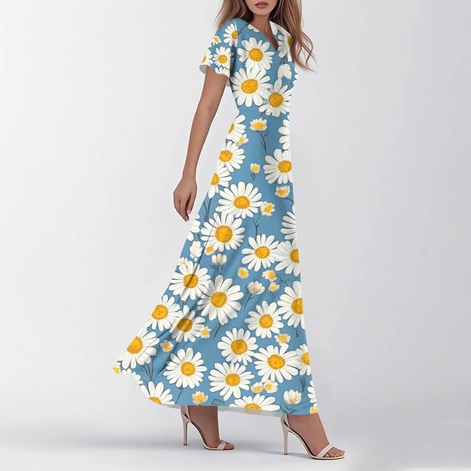 Maxi Dresses for Women 2025 V Neck Short Sleeve Dress Empire Waist Boho Summer Sundress
