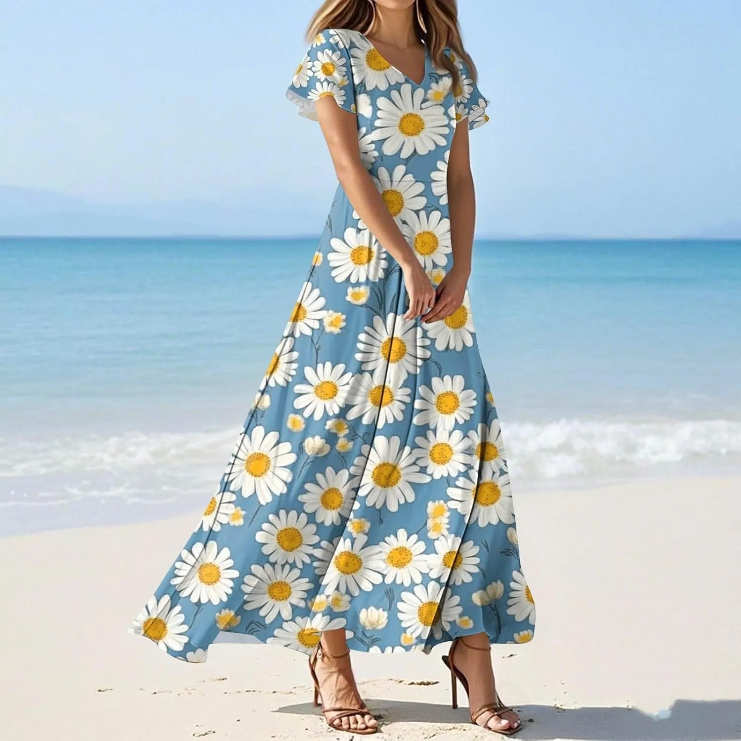 Maxi Dresses for Women 2025 V Neck Short Sleeve Dress Empire Waist Boho Summer Sundress