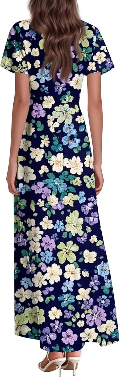 Maxi Dresses for Women 2025 V Neck Short Sleeve Dress Empire Waist Boho Summer Sundress