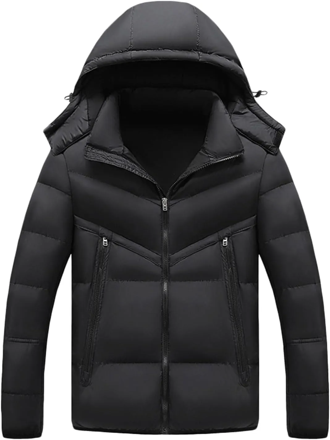 Men Quilted Puffer Jacket Warm Winter Thick Cotton Padded Coats Zip Up Long Sleeve Casual Down Parka Coat with Removable Hood