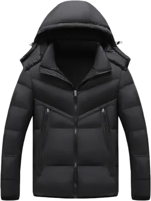 Men Quilted Puffer Jacket Warm Winter Thick Cotton Padded Coats Zip Up Long Sleeve Casual Down Parka Coat with Removable Hood