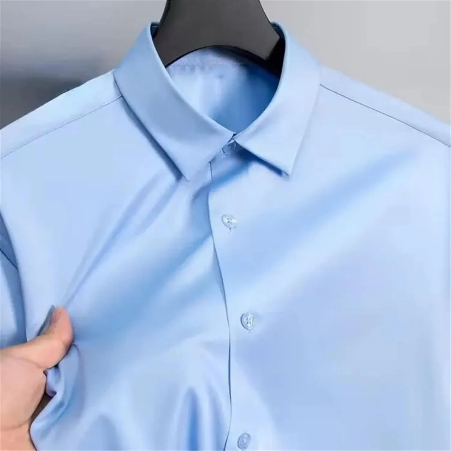 Men Social Shirt Long Sleeve Solid Silk Non Iron Wrinkle Resistant Business Formal Dress Shirt