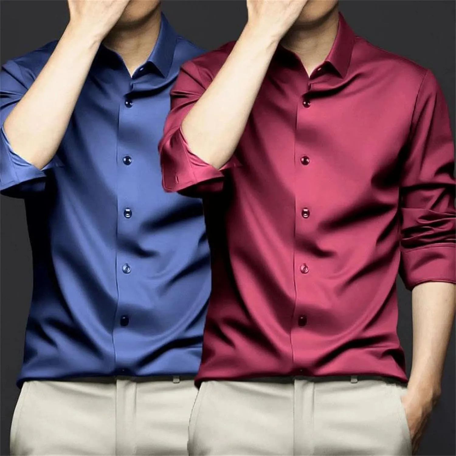 Men Social Shirt Long Sleeve Solid Silk Non Iron Wrinkle Resistant Business Formal Dress Shirt